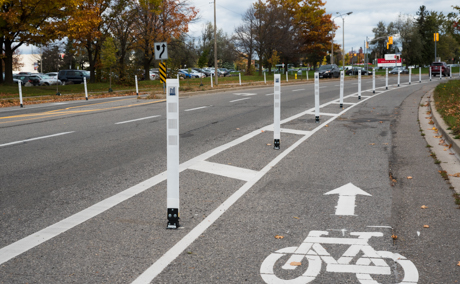 roadway with bollard installation for cyclists